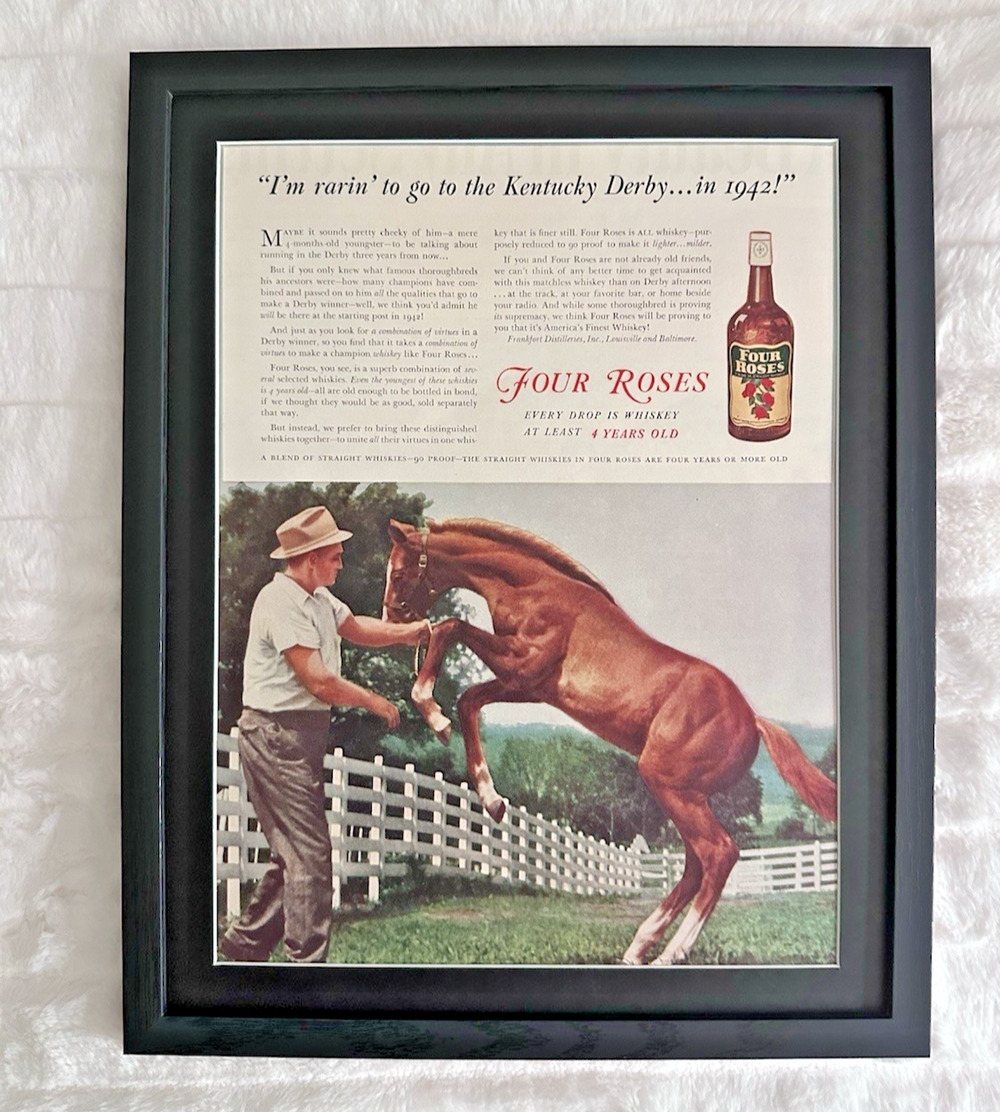 Framed 1939 Four Roses Whiskey Man & Horse Rarin' for Kentucky Derby Print Ad